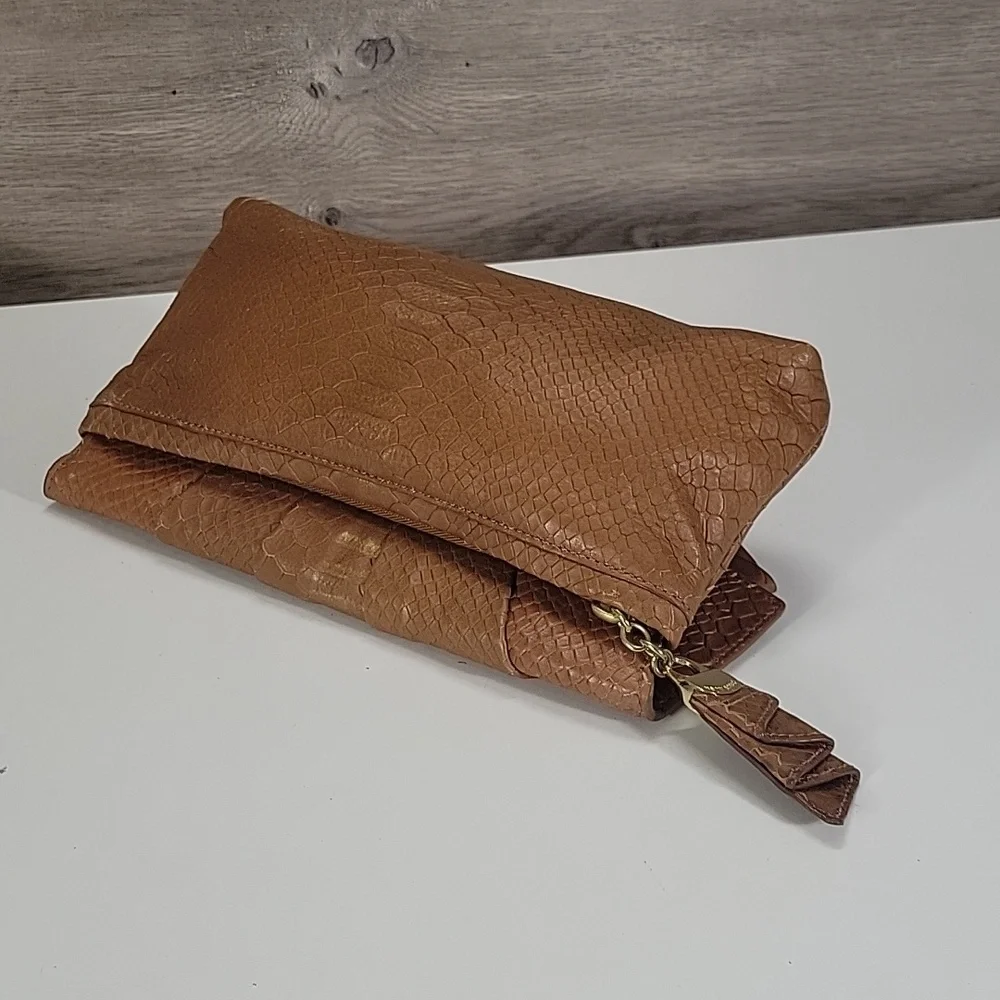 Henri Bendel Tan Snake Skin Embossed Leather Clutch Bag